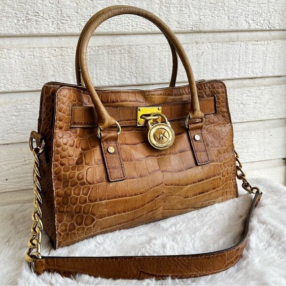 MICHAEL KORS Acorn Embossed Hamilton Satchel Tote Handbag Selma Raven - Picture 3 of 13